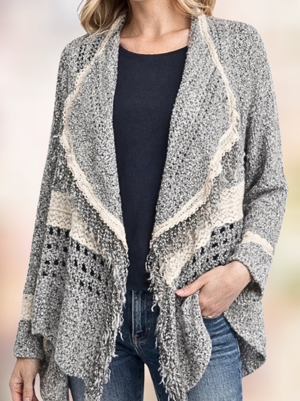 HANDCRAFTED CARDIGAN Boho Waterfall Fringe Sweater Crochet Open Front Gray SZ L